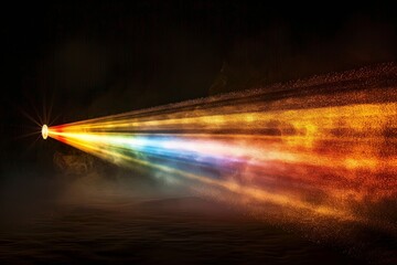 Light rushing towards a prism separate light rainbow spectrum against a solid black background.