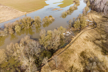 Aerial view of the river and floodplain during spring flood