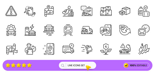 Eco power, Delivery man and Exhaust line icons for web app. Pack of Carry-on baggage, Flights application, Route pictogram icons. Packing boxes, Charging station, Train signs. Search bar. Vector