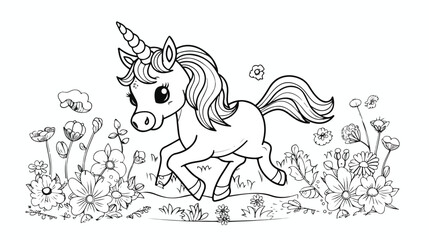 Coloring book a cute little unicorn who is running hap