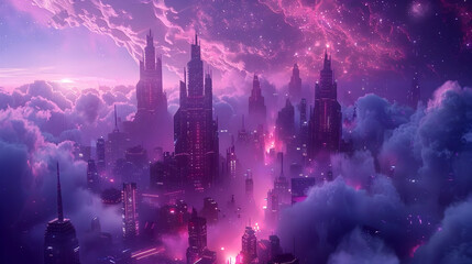 Futuristic Cybernetic Cityscape Amidst Cosmic Nebula Splendor Visionary Sci Fi of Hyper Metropolis in Space - obrazy, fototapety, plakaty