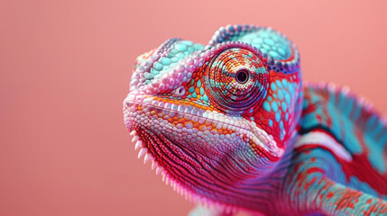 a Chameleon Changing colors, studio shot, against solid color background, hyperrealistic photography, blank space for writing