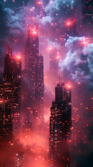 Futuristic Neon Lit Cybernetic Cityscape with Celestial Nebula Backdrop in Cinematic Hyper Style
