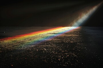 Light rushing towards a prism separate light rainbow spectrum against a solid black background. - obrazy, fototapety, plakaty
