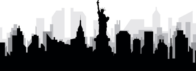 Black cityscape skyline panorama with gray misty city buildings background of NEW YORK CITY, UNITED STATES - obrazy, fototapety, plakaty
