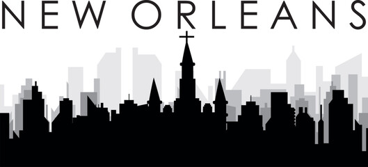 Fototapeta premium Black cityscape skyline panorama with gray misty city buildings background of NEW ORLEANS, UNITED STATES