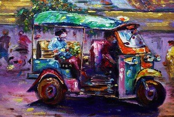      Art Oil painting Fine art Thailand Tuk Tuk  car     