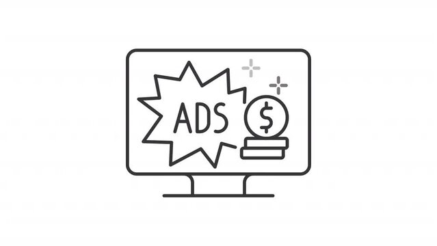 Ad-supported line animation. Animated icon of subscription model. Sponsored content. Ad revenue. Streaming. Black illustration on white background. HD video with alpha channel. Motion graphic
