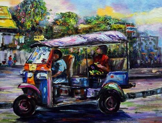      Art Oil painting Fine art Thailand Tuk Tuk  car     