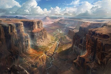 A canyon landscape of towering cliffs and meandering rivers that cut through vast expanses of rugged ancient rock formations. - obrazy, fototapety, plakaty