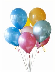 A group of colorful helium balloons tied with string isolated on white background, AI generated.