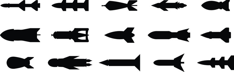 Set of Missile icons fill styles. Combat rocket weapons. Nuclear atomic warhead silhouette symbols. Army or military guided Missile signs. Air missile attack for web designs on transparent background. - obrazy, fototapety, plakaty