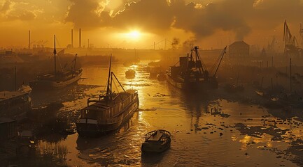 A city panorama that gives the impression of the late Middle Ages. Ships pass through the river in the middle of the city and there is an active traffic. - obrazy, fototapety, plakaty