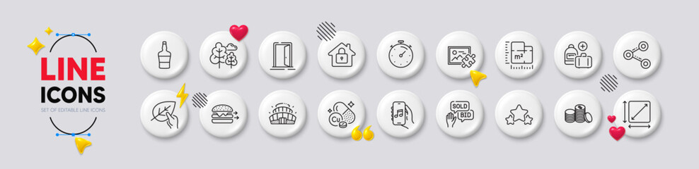Share, Timer and Stars line icons. White buttons 3d icons. Pack of Lock, Music app, Open door icon. Food delivery, Add handbag, Floor plan pictogram. Tree, Bid offer, Banking money. Vector