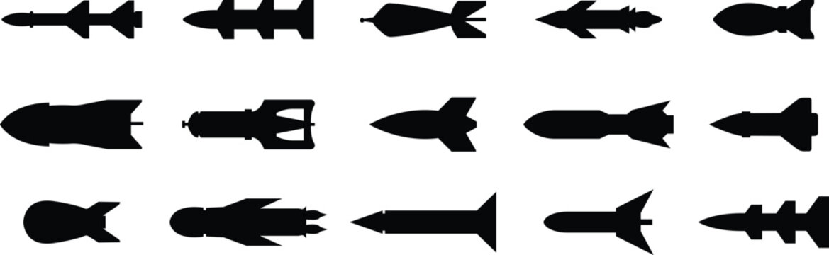 Set of Missile icons fill styles. Combat rocket weapons. Nuclear atomic warhead silhouette symbols. Army or military guided Missile signs. Air missile attack for web designs on transparent background.