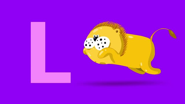 L letter big color like lion cartoon animation. Animal loop. Educational serie with bold style character for children. Good for education movies, presentation, learning alphabet, etc...