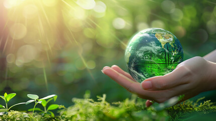 Environmental protection concept. Globe in women's hands on the background of greenery. AI generated.