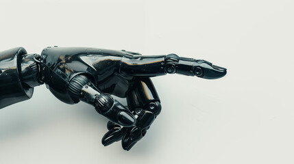 Close-up Shot Of black Robotic hand Pointing Finger, white background, text space.