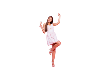 Full legs body size portrait of careless carefree chill lady she hold beverage in hand stand on her sharp pumps stilettos isolated on pink pastel shine background in white spring summer striped dress