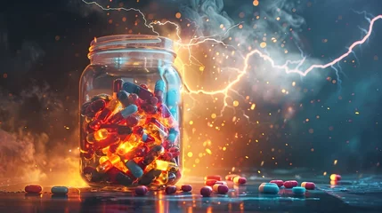 Foto op Canvas Electrifying Fusion of Nature and Pharmaceuticals - Captivating Image of Lightning Striking a Jar Filled with Vibrant Pills © kiatipol