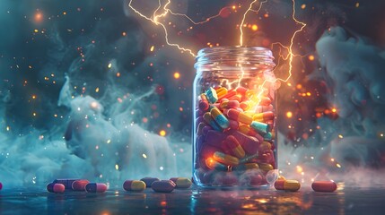 Electrifying Jar of Vibrant Medicinal Capsules Amid Thunderous Bolts of Lightning