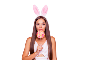 Portrait of calm confident tender lady she hold her colorful round circle confectionery in hand stand isolated on pink pastel background in white striped elegant wear