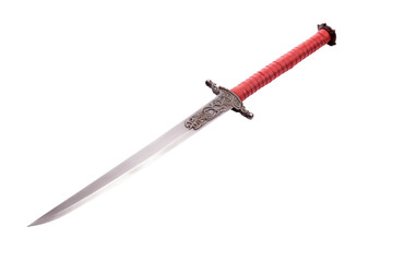 Red and Silver Sword With Red Handle. On a White or Clear Surface PNG Transparent Background.