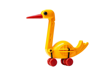 Yellow Toy Duck With Red Wheels on White Background. On a White or Clear Surface PNG Transparent Background.