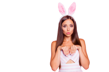 Portrait of beautiful attractive fancy lady she look cry hold her hand front of she isolated on pink pastel background with copy space for text in white spring summer striped wear