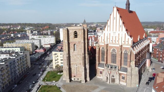 Historic Basilica of St. James And Agnes In The City Of Nysa In Southern Poland. Drone pullback shot.