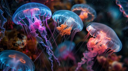 Glowing jellyfish in the dark ocean waters. - Powered by Adobe