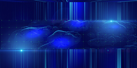 Abstract topographic map background with blurred lines on dark Technology landscape contour concept data in virtual space. Banner for business, science and technology data analytics. Big Data.