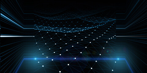 Abstract  background wavy blue wireframe and blurred lines on dark. Technology wireframe concept data in virtual space. Banner for business, science and technology data analytics. Big Data.