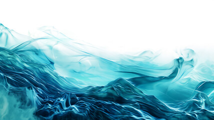 Abstract art of undulating blue waves and wispy smoke-like textures.