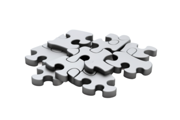 Group of White Puzzle Pieces Stacked. On a White or Clear Surface PNG Transparent Background.