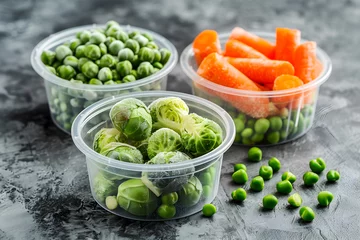 Rolgordijnen Frost covered brussels sprouts, peas, and carrots in transparent round boxes on dark. Assortment of bright frozen veggies, food preservation concept. Frozen vegetables in plastic containers © Alina