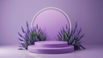 Lavender podium flower background purple product nature platform stand summer 3d table. Cosmetic podium lilac abstract field studio beauty flower spring lavender floral display plant backdrop crystal