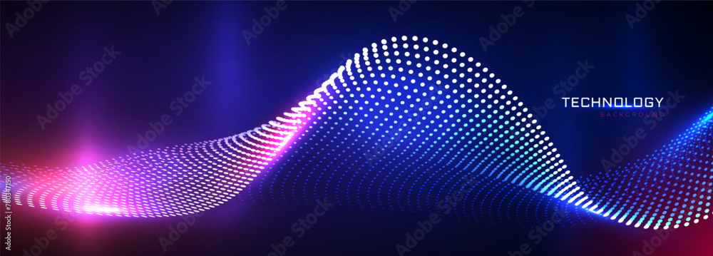 Wall mural Futuristic 3d particles mesh array wave, sound flowing. 3d abstract sci-fi user interface concept with gradient dots and lines. 3d futuristic technology style with glowing light effect. Tech Vector.