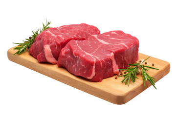 Two Pieces of Raw Meat on Cutting Board. On a White or Clear Surface PNG Transparent Background.