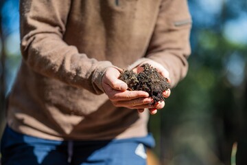 agronomist on a farm practicing agronomy holding soil, doing soil tests in her home laboratory....