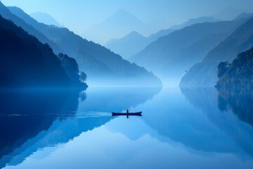 Paddleboarder on a crystal-clear lake at dawn,  Lone boatman traverses glassy waters amidst layered hills shrouded in mist, a scene of tranquil blues evoking serene solitude.