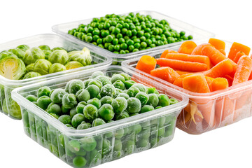 Frozen green peas, brussels sprouts, carrots in plastic containers on transparent background. Assorted frozen green vegetables with visible frost, isolated. Collection of frozen veggies in containers