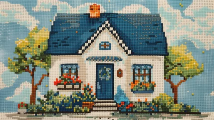 Fotobehang Charming Cross-Stitched House with Flower Garden © TY