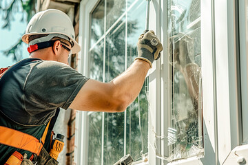 Skilled craftsmen work on replacing PVC windows, with tools in hand, showcasing precision in residential renovation.