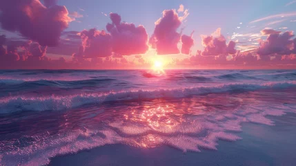 Zelfklevend Fotobehang sunset on the beach with vaporwave tone color, suitable for wallpaper, posters, etc. Generative AI © wellyans