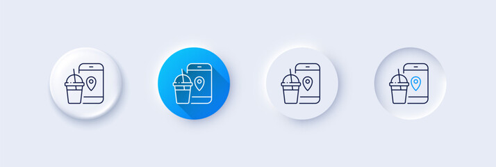 Food delivery app line icon. Neumorphic, Blue gradient, 3d pin buttons. Contactless meal order sign. Grocery phone application symbol. Line icons. Neumorphic buttons with outline signs. Vector