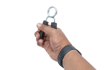 A hand is exercising by holding and squeezing a hand gripper on white background