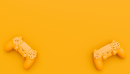 Video game joysticks or gamepads in plain monochrome yellow color background