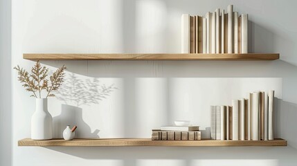 Hardcover books on wooden shelf near white wall, creating a cozy reading nook. Perfect for book lovers!