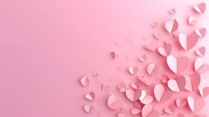 Pink paper hearts on a pink background. The hearts are of different sizes and are arranged in a random pattern.